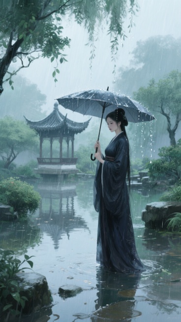 雨天，远处有一座凉亭，一个穿深色汉服的女子撑伞，中式园林，清冷氛围预览效果