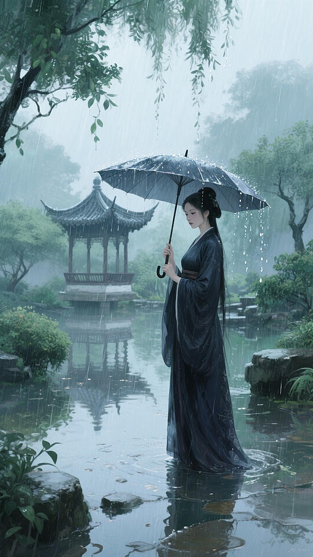 水墨风与工笔技法交融，雨中仕女执伞立于池畔，亭台倒影朦胧，古典中式意境悠然，静谧唯美的插画风格尽显文艺诗意。