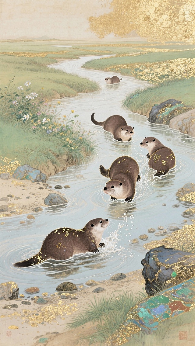 工笔细腻描绘水獭嬉戏溪流，岩彩点染金箔，融中式古典与唯美元素，营造清新柔和的诗意意境。