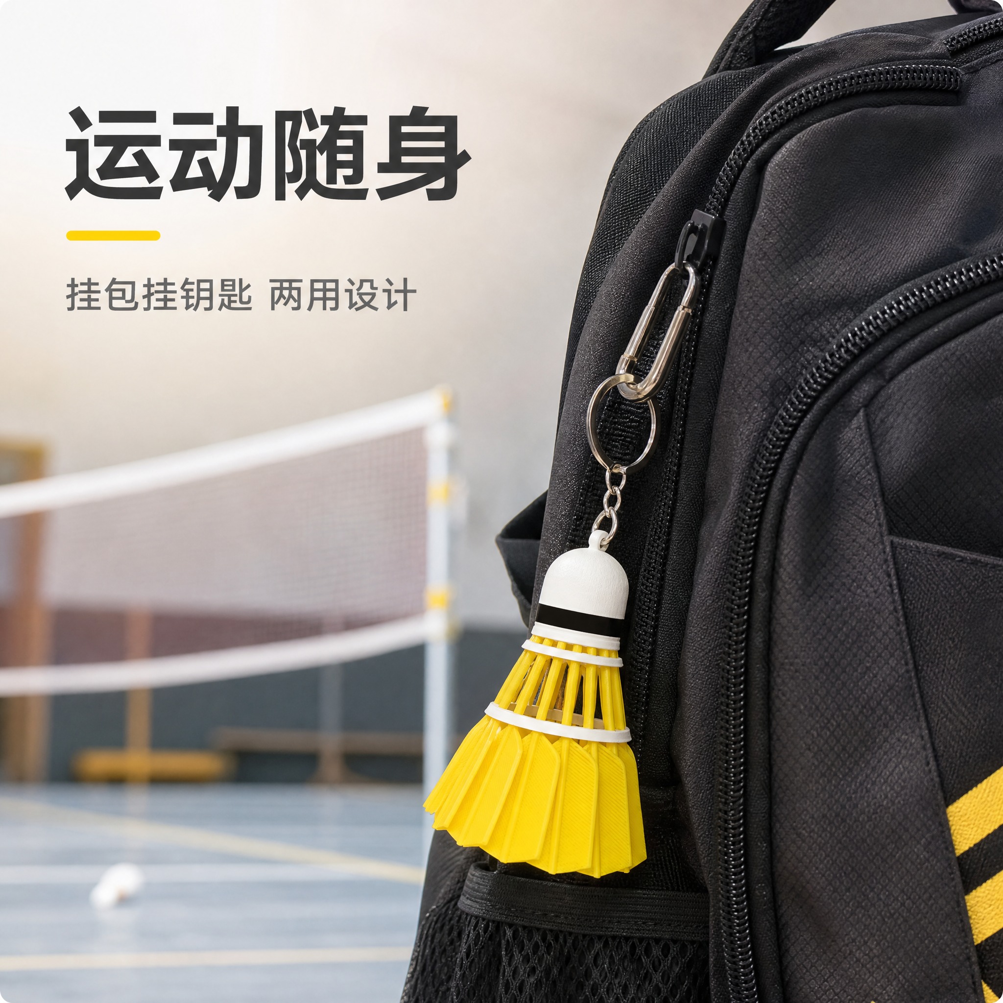 [主图-4] 黄色羽毛球造型钥匙扣挂件 真实使用场景挂包展示。… - 图片创意预览