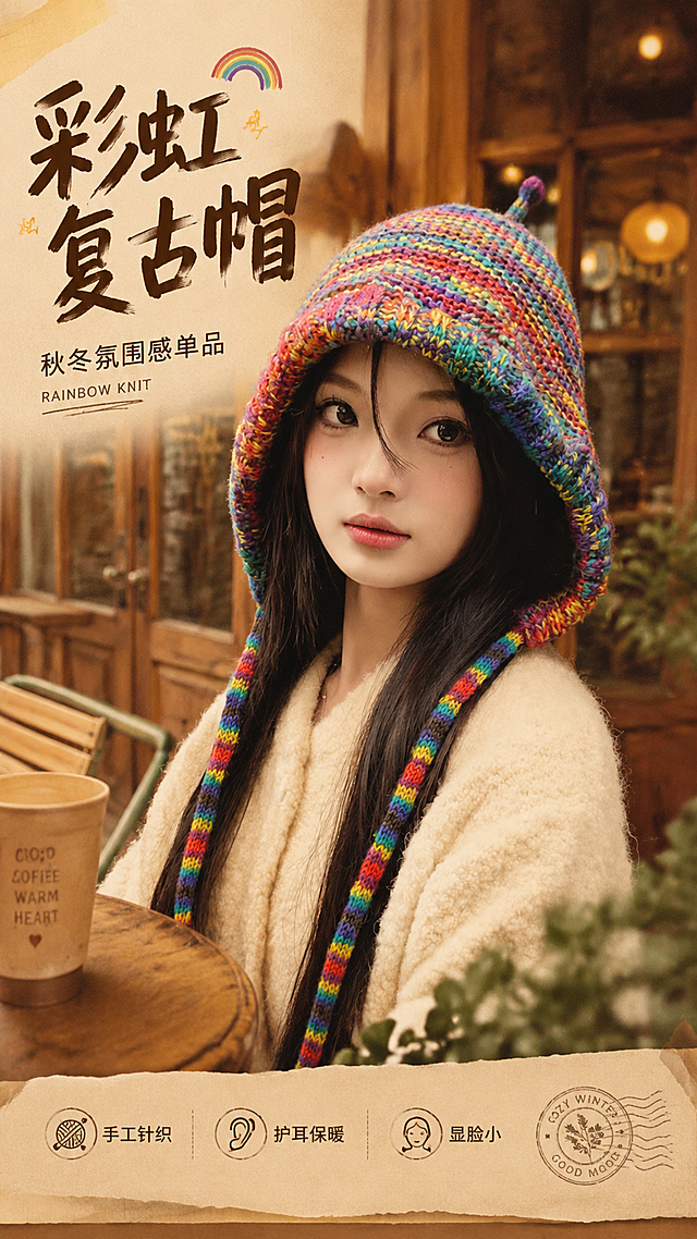 [第1张] 详情页头图-彩虹段染针织护耳帽新品宣传海报。本张使用【图1】作为商品主体。
[氛围/风格] 复古文艺少女风，暖调胶片质感，街头咖啡场景，画报感穿搭氛围，商业摄影质感。
[元素布局] 模特佩戴彩虹针织帽位于画面中央偏右，占比约65%；背景为咖啡店木质门窗与暖光室内，左侧留标题区；前景有木质桌椅边缘与绿植点缀；帽子彩虹段染纹理、护耳绑带、小触角造型清晰完整，颜色结构与输入图一致。
[光影质感] 右侧暖光主照明，左侧柔和补光，帽檐下自然阴影，整体温暖通透有胶片颗粒感。
[配色色系] 全局底色 #F5E6D3（暖米杏色）；主色彩虹多色渐变；辅助色暖棕木色、奶白色毛衣。
[视角构图] 正面微侧45°，半身构图，景深虚化背景，阅读动线左上标题 → 中部人物帽子 → 底部氛围装饰。
[文字版式] 版式为左上标题区 + 右侧人物主体 + 底部装饰条。主标题「彩虹复古帽」，副标题「秋冬氛围感单品」，主标题手写艺术字，副标题细黑体；标题下方小号英文装饰「RAINBOW KNIT」；底部左侧三个小标签「手工针织」「护耳保暖」「显脸小」；文字不遮挡帽子主体。
[比例分辨率] 9:16 竖版比例，4K分辨率，文字清晰可辨，高清画质。
[负向提示词] 帽子变形，颜色偏差，缺件错件，水印，文字错乱，产品模糊，背景杂乱，人物面部变形。