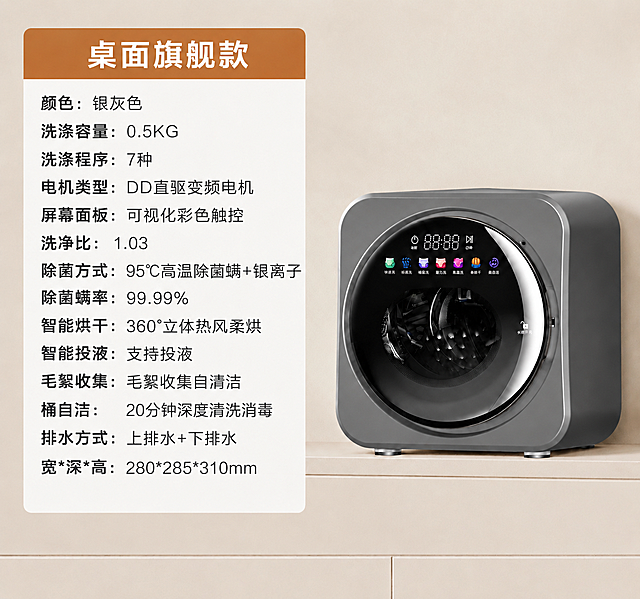 将图中右侧的桌面洗衣机颜色修改为第二张参考图中壁挂洗衣机的深银灰色，颜色与参考图完全一致。保持洗衣机的尺寸、形状、位置、屏幕显示内容、左侧文字参数表、背景环境、整体构图和清晰度完全不变，图片整体画质保持高清细腻。