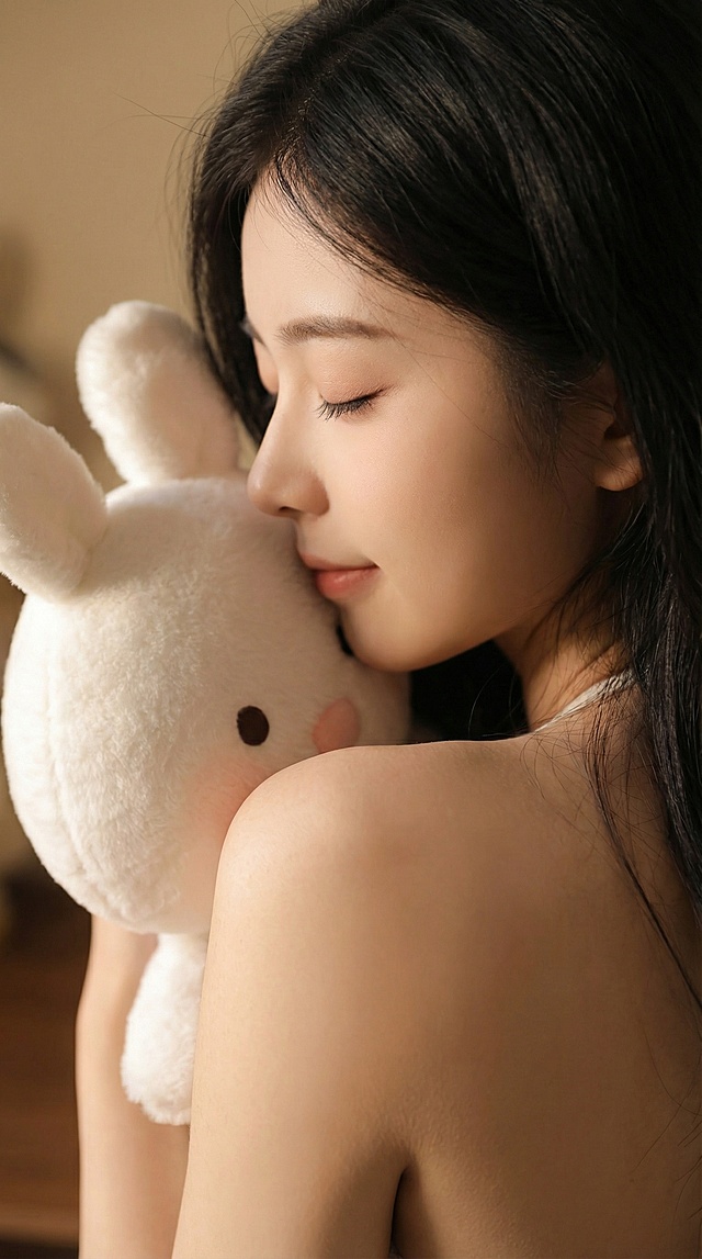 人物形象不变  生成下列13张描述的照片                                                                                                                      照片1： 特写抓拍，捕捉初醒瞬间。女孩从玩偶肩头微微抬头，睡眼惺忪，眼神迷茫地望向镜头，一缕长发粘在脸颊。柔和侧逆光勾勒出面部绒毛，捕捉到刚从慵懒中苏醒的、毫无防备的动人表情。

照片2： 中景抓拍，伸展的慵懒。她向后伸展双臂，身体自然舒展成一道优美的弧线，头颈后仰，眼睛舒服地眯起，嘴角带着一丝无意识的微笑。像一只伸懒腰的猫，整个画面充满松弛感与动态张力。

照片3： 低角度抓拍，互动瞬间。镜头从下方微微仰拍。女孩双手将兔子玩偶举高，低头与它“对视”，表情俏皮又充满爱怜，嘴唇微嘟，仿佛正要和玩偶说悄悄话。身体动作形成了亲密的互动框架。

照片4： 过肩视角抓拍，沉浸的一刻。镜头从女孩身后侧方拍摄，焦点在她贴着玩偶的侧脸上。她闭着眼，用鼻尖温柔地轻蹭玩偶，表情沉醉而宁静，肢体动作传递出全然的依赖与亲密感。

照片5： 动态抓拍，突然的回眸。仿佛听到有人呼唤，她抱着玩偶快速转向镜头，长发随之飘散。眼神清澈明亮，带着一丝惊讶和好奇，嘴巴微微张开。身体扭转的动态和瞬间定格的表情极具故事性。

照片6： 近距离抓拍，绽放的笑颜。镜头推进，捕捉她突然绽开的灿烂笑容，眼睛弯成月牙，露出牙齿，整个面部被喜悦点亮。动作可以是抱着玩偶微微前倾，仿佛正向镜头分享快乐，感染力十足。

照片7： 俯拍抓拍，俏皮的互动。从上方向下拍摄，她仰躺或侧卧在地，将玩偶举在脸的上方，与它“鼻子碰鼻子”，表情淘气又甜蜜。这个角度突出了她灵动的眼神和亲昵的肢体语言。

照片8： 局部特写抓拍，情感的触碰。焦点对准她的手部动作：手指正轻轻地、若有所思地梳理着兔子玩偶的耳朵或绒毛。另一只手托着脸颊，表情温柔专注，传递出细腻的内心情感。

照片9： 全景抓拍，舒展与放松。她跪坐或侧坐，身体向后靠，双臂向后支撑，仰头感受光线。表情放松，眼睛可能闭着或望向远方，享受独处的宁静时刻。身体线条舒展，构图充满呼吸感。

照片10： 动态模糊抓拍，瞬间的嬉戏。运用轻微的运动模糊。她正笑着将脸埋进玩偶怀里，或快速躲向玩偶身后，留下一个动态的、欢快的残影。重点捕捉动作的趋势和洋溢的快乐情绪。

照片11： 正面特写抓拍，情绪的沉淀。激情过后，她安静下来，额头轻抵着玩偶，双眼凝视前方某处，眼神放空，带着淡淡的思绪或温柔。表情平静而深邃，仿佛沉浸在回忆或幻想中。

照片12： 创意视角抓拍，梦幻的私语。镜头透过玩偶（或以其为前景虚化）拍摄女孩。她凑近镜头，手指轻点嘴唇，做出“嘘”的俏皮表情，仿佛在与观众分享一个秘密。视角独特，增强代入感和趣味性。

照片13： 落幕抓拍，慵懒的归宿。她侧身蜷缩，将玩偶紧紧搂在怀中，脸颊贴着它，身体语言充满安全感和依恋。眼睛半阖，即将入睡，表情是全然放松的满足与恬静。光线柔和，为系列画上温柔句号。