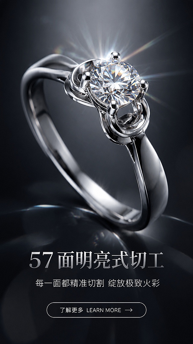 9:16竖版电商海报，简约轻奢风格，通透玻璃风。深灰色渐变背景，模拟暗调珠宝展示台效果。画面上半部分严格还原产品图（四爪镶嵌扭臂钻石戒指，尺寸比例保持 1:1），戒指主石放大特写，宝石内部刻面清晰折射光线，周围有星芒光晕效果。字体采用简约高级风格，低饱和渐变文字。主标题 "57 面明亮式切工" 大字居中，位于戒指下方；副标题 "每一面都精准切割 绽放极致火彩" 小字紧随其后，灰色渐变字体。底部居中 CTA 按钮：了解更多 LEARN MORE →，白色细线描边按钮。采用大小层级排版，宝石特写占据视觉重心，文字信息层级分明。暗背景突出宝石的通透与闪耀，光线从多个角度射入宝石内部，形成璀璨的色散效果，高级珠宝展柜质感。