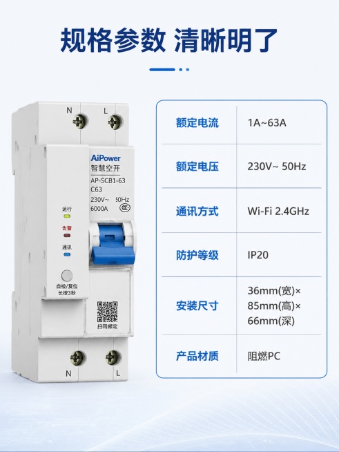 [第11屏] 能耗参数展示-智慧空开核心规格参数。
[氛围/风格] 参数信息展示，简洁清晰，数据准确，易读性强。
[元素布局] 左侧展示智慧空开整体外观图，右侧为参数表格，依次列出额定电流、额定电压、预览效果