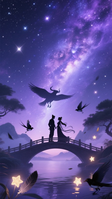 占据画面主体的是壮丽的银河与鹊桥。牛郎织女在桥中央相拥或执手相望（可用剪影或唯美插画）。背景是深邃的、带有星云纹理的深蓝紫色星空，点缀大量闪烁星芒。前景可飘落几片喜鹊羽毛或几颗特别明亮的星星。预览效果