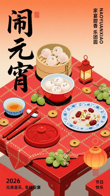新春美食手绘插画海报，俯视视角，红漆方桌（画面正中间，铺红底银纹桌布）上摆着红瓷碗装的汤圆，周围分布着竹蒸笼装的水晶元宵（桌左上方，透明外皮露芝麻馅）、瓷盘装的元宵八宝饭（桌右下方，铺红枣 / 莲子）预览效果