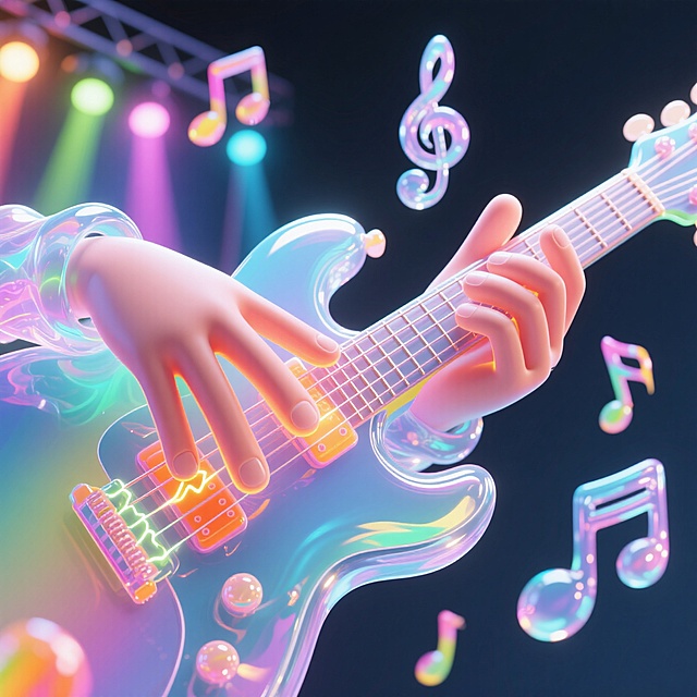 梦幻软3D风，霓虹灯色彩斑斓，音乐符号飘动，吉他演奏如梦似幻。