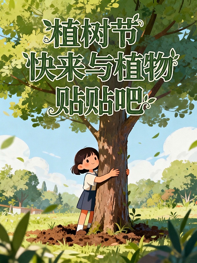 将文字“植树节快来与植物贴贴吧”调整为更具设计感的艺术字体，保持其他内容不变