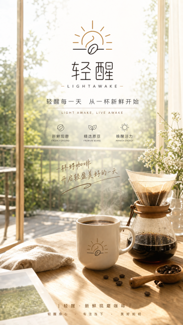 参考这张轻醒咖啡海报的风格，生成一张类似的实景咖啡海报，保留品牌logo和排版结构，替换为户外窗边咖啡场景，整体风格温暖治愈，阳光充足，突出清新唤醒的品牌理念预览效果