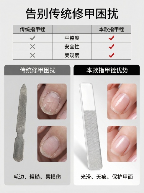统一背景颜色 要突出产品色   提出产品卖点和特点 生成一套商用详情 数量8张 要符合国内电商主图要求 要有文案设计排版 整体光效光影突出产品反提示词： 产品是指甲锉预览效果
