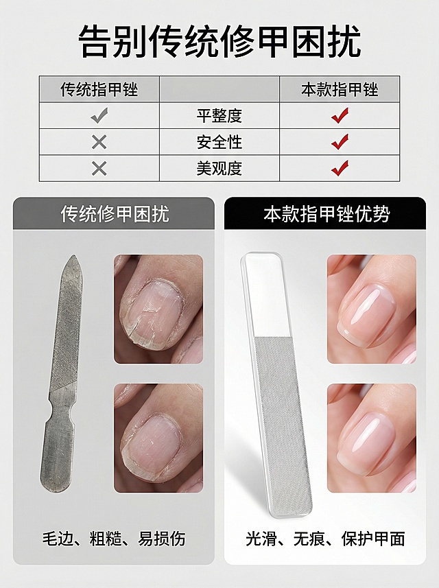 统一背景颜色 要突出产品色   提出产品卖点和特点 生成一套商用详情 数量8张 要符合国内电商主图要求 要有文案设计排版 整体光效光影突出产品反提示词： 产品是指甲锉