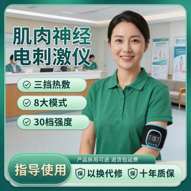 基于原图重新修改生成：保持产品（肌肉神经电刺激仪）外观完全不变，更换为全新中年亚洲女性模特，改变为手臂自然下垂佩戴的肢体动作，更换背景为康复中心咨询大厅场景，保留全部卖点文字内容：肌肉神经电刺激仪 三预览效果