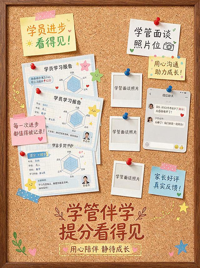 左侧用堆叠的多张图片形式展示学员学习报告，右侧保留多个空白照片位置摆放学管面谈照片和家长好评截图，整体为适合朋友圈的竖版软木板照片墙风格