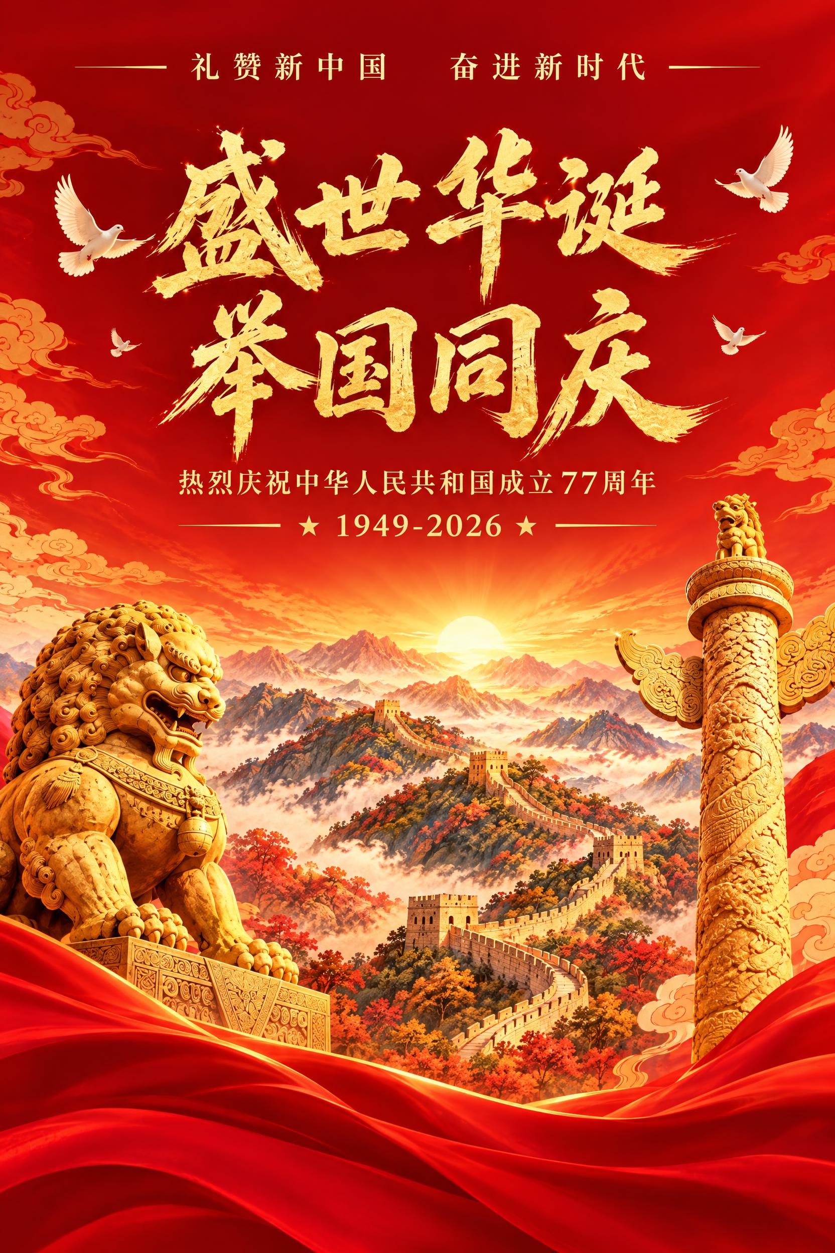 参考图风格，生成竖版2:3比例的国庆主题海报，红色渐变背景，顶… - 图片创意预览