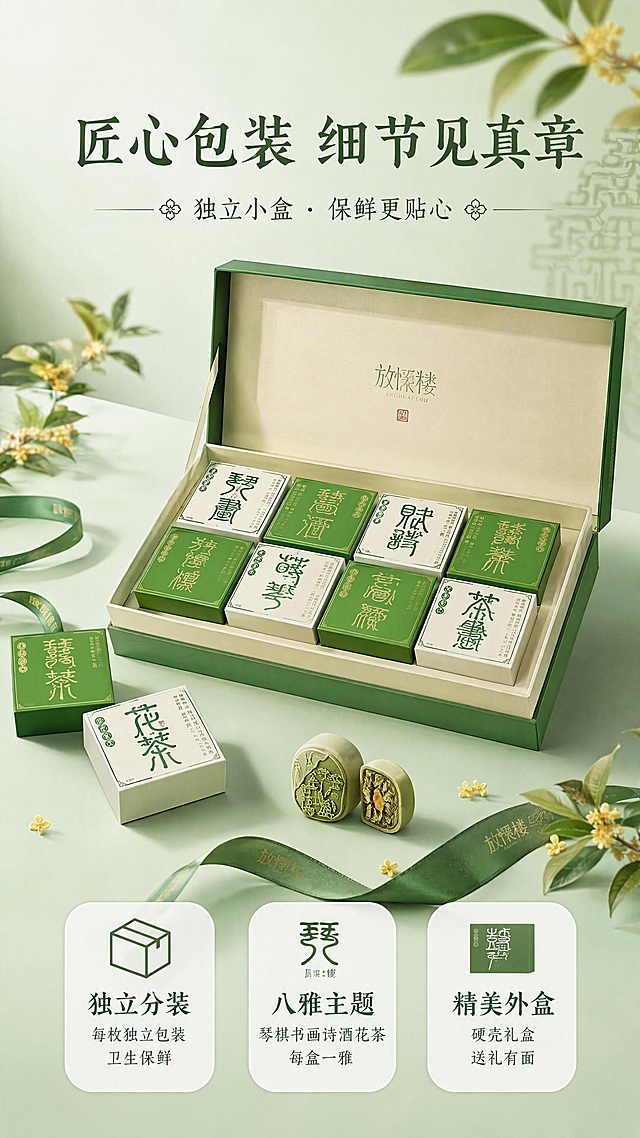 [第7张] 详情页包装细节页——礼盒开合与内盒独立包装展示。本张使用【图1】作为商品主体。
[氛围/风格] 东方雅致国潮风，青绿主色调，精致高级感，商业产品摄影质感。
[元素布局] 画面展示礼盒打开状态，内部8枚独立小盒整齐排列，小盒上的书法文字图案清晰可见；旁边散落2-3枚独立小盒与1枚拆开的月饼；礼盒外观、内盒结构、颜色、文字与输入图1完全一致；背景为浅青绿色渐变，可点缀丝带、桂花等装饰元素；顶部有标题区。
[光影质感] 45度侧光，礼盒内部结构清晰，内盒文字锐利，月饼浮雕有立体感，阴影自然柔和。
[配色色系] 全局底色 #E8F1E6（浅青绿）；主色 #2E7D4F（深青绿）；辅助色 #F5E6C8（米金）、白色。
[视角构图] 45度斜俯视，打开的礼盒为视觉中心，阅读动线顶部标题 → 中央礼盒细节 → 底部卖点。
[文字版式] 顶部主标题「匠心包装 细节见真章」，宋体书法感，深青绿色；副标题「独立小盒 · 保鲜更贴心」。底部三个卖点标签：「独立分装」配小盒图标，说明「每枚独立包装 卫生保鲜」；「八雅主题」配书法图标，说明「琴棋书画诗酒花茶 每盒一雅」；「精美外盒」配礼盒图标，说明「硬壳礼盒 送礼有面」。卖点用圆角白底卡片承载，深青绿标题。
[比例分辨率] 9:16 竖版比例，4K 分辨率，文字清晰可辨，高清画质。
[负向提示词] 礼盒变形，内盒缺失，颜色偏差，包装文字错乱，月饼形状错误，水印，文字过小，背景杂乱。