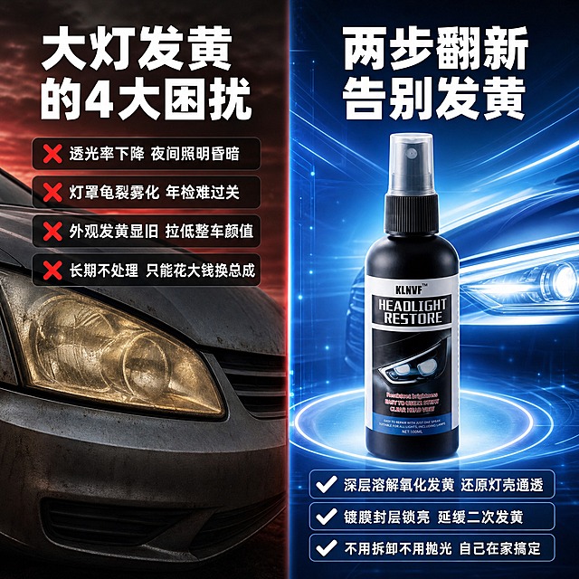 [主图-4] 大灯发黄困扰与翻新方案对比，左右分栏痛点对比图。
[统一基调] 左右分栏对比版式，左侧红黑暗调痛点风，右侧蓝色科技解决方案风，商业摄影质感，汽车用品风格。
[画面] 画面左右分栏；左侧为红黑暗调汽车黄昏背景，营造困扰氛围；右侧为蓝色科技光效背景，呈现解决方案；右侧中间放置KLNVF黑色大灯翻新喷雾瓶，瓶底有白色发光圆环。
[光影质感] 商业摄影质感，左侧暗调低饱和，红色调营造痛点压抑感；右侧明亮科技感，蓝色光效通透；产品在右侧受光均匀，黑色瓶身有质感，底部白色光环柔和发光。
[配色] 左栏红黑暗调，红色叉号，白色文字；右栏蓝色科技背景，蓝色光效，白色对勾，白色文字；产品黑色瓶身。
[文字版式] 左侧顶部白色粗体标题"大灯发黄的4大困扰"，下方4条带红色叉号的白色文字条目，依次是"✕透光率下降 夜间照明昏暗""✕灯罩龟裂雾化 年检难过关""✕外观发黄显旧 拉低整车颜值""✕长期不处理 只能花大钱换总成"；右侧顶部白色粗体标题"两步翻新 告别发黄"，产品下方3条带白色对勾的白色文字条目，依次是"✔深层溶解氧化发黄 还原灯壳通透""✔镀膜封层锁亮 延缓二次发黄""✔不用拆卸不用抛光 自己在家搞定"；所有文字横排，字体为无衬线粗体，标题最大最醒目，条目文字稍小。
[输出要求] 比例1:1，文字清晰可读，产品清晰完整不变形，高清写实8K质感，汽车用品商业图，无底部价格按钮区域，无水印，无平台Logo，无错字，画面干净不杂乱。