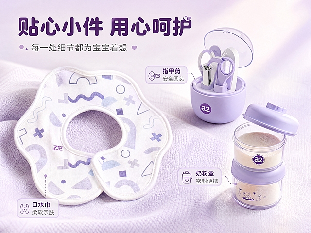 [商品] 使用【图3】中的a2定制口水巾、a2定制指甲剪套盒、a2定制便携奶粉盒；保留a2品牌Logo、紫色元素、产品材质与结构，口水巾的图案形状、指甲剪套盒的透明盖与紫色底座、奶粉盒的分层透明设计均与原图一致。
[画面] 目标为细节质感展示，突出小件好物的柔软安全与贴心设计。画面采用微距+特写组合，左侧口水巾特写展示柔软面料与图案细节，右侧上方指甲剪套盒开盖展示内部工具，右侧下方奶粉盒分层展示；产品占画面约70%，背景为柔和的浅紫渐变与细腻织物纹理；搭配柔和自然光与小面积阴影，突出材质质感。
[视觉] 套系策略：风格=温馨柔和母婴商业摄影风；标题字=圆润粗黑体；正文字=简洁圆角无衬线体；主色=a2品牌紫+奶白色；背景延展=浅紫到奶白的柔和渐变，搭配细腻哑光质感；强调色=浅粉紫，仅用于小面积图标、引线和标签；标题色=深紫灰；正文色=中暖灰；组件=圆角浅紫信息卡、细曲线引线、软萌圆点装饰；光影=左前侧暖柔光，柔和阴影，整体通透干净。
[文字] 上方主标题「贴心小件 用心呵护」，副标题「每一处细节都为宝宝着想」，画面空白处配3个细节标签：「口水巾 柔软亲肤」「指甲剪 安全圆头」「奶粉盒 密封便携」；用细引线指向对应产品部位，文字横排。
[规格] 图片比例4:3横版，4K分辨率，负向提示：避免变形、错字、文字过小、商品颜色改变、材质失真、极限词。