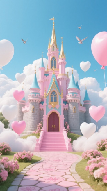 梦幻迪士尼城堡，主体为粉色与浅蓝搭配的哥特式尖顶建筑，金色装饰点缀塔尖与窗户，灰色砖石基座，拱形大门前有粉色台阶，周围环绕着漂浮的白色和粉色心形气球，城堡被蓬松的白色云朵半包围，地面铺有粉色花纹石板路，两侧有粉色花卉装饰，天空湛蓝，点缀几只飞鸟，整体呈现童话般浪漫、明亮、梦幻的氛围，光影柔和，色彩清新明快，细节精致。预览效果