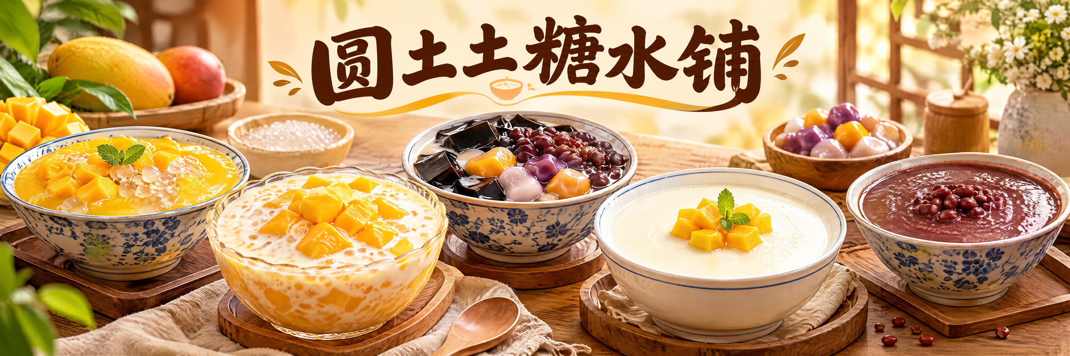 糖水铺海报设计，横版长海报，店名"圆土土糖水铺"用艺术字体醒目… - 图片创意预览