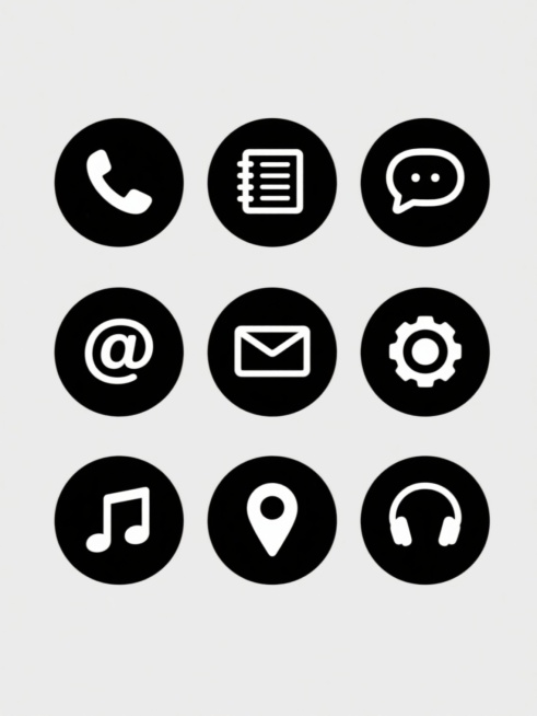 白色背景上排列整齐的九个黑色圆形手机应用图标，每个图标内部为简洁的黑色线条符号，包括电话听筒、笔记本、对话气泡、信封、@符号、齿轮、音乐音符、定位标记和耳机，采用极简主义风格，线条粗细均匀，轮廓清晰，图标大小一致，呈三行三列网格状布局，视觉层级明确，信息传达高效，具有现代UI设计感。预览效果