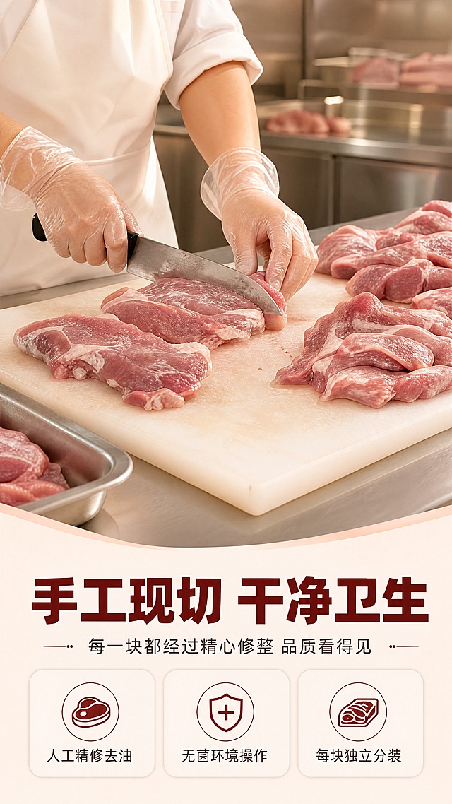 [商品] 使用【图1】生鲜猪肉，保留肉的颜色与纹理；画面中展示厨师/工人戴手套手工分切猪肉的场景，肉块形态与原图一致。
[画面] 目标：现切工艺展示，强调手工分切、干净卫生。构图：上图下文竖版，上方约65%为工艺场景主视觉，下方约35%为文案信息区。主体位置：上方为戴一次性手套的双手持专业刀具在砧板上分切新鲜猪肉，旁边摆放切好的肉块（使用图1的肉质感），主体占比约60%。景别：中景。阅读动线：从上至下。前景：砧板与刀具；中景：双手分切动作、新鲜肉块；后景：干净的不锈钢操作台、暖光加工环境。
[视觉] 套系策略：风格=生鲜烟火气+干净高级商业摄影；标题字=粗黑体厚重有力；正文字=简洁无衬线体；主色=鲜肉粉红+暖米白；背景延展=基于暖米白做深浅层级、同色渐变和细腻哑光质感；强调色=深棕红，仅用于小面积图标、引线和标签；标题色=深棕红；正文色=深暖灰；组件=圆角浅底信息卡、细线引线、肉质图标；光影=顶部暖白光，干净明亮，突出卫生感。
[文字] 下方主标题"手工现切 干净卫生"（8字），副标题"每一块都经过精心修整 品质看得见"（14字）。下方3个工艺卖点图标+文字：「人工精修去油」「无菌环境操作」「每块独立分装」。所有文字横向排版。
[规格] 图片比例9:16竖版，4K，避免变形、错字、文字过小、冷蓝/蓝灰背景、环境脏乱、刀具不专业、出现极限词。