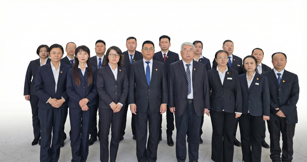 优化商务团体照，用于对外展示。背景换成白色背景，地面颜色可以不变，但是要和背景自然过渡。把照片修的精细有质感，人物表情不用改变预览效果