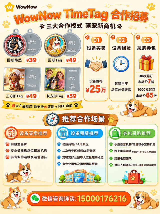一张卡通可爱宠物风格的合作招募长图海报，竖版，比例约3:4，暖色调活泼可爱风格，超高清4K，画面极其清晰锐利，细节丰富，边缘干净，文字清晰无锯齿，所有元素高清呈现。背景为纯净浅米色，只有少量可爱的爪印和星星装饰，布局整洁，没有任何乱码、多余文字或模糊元素。左上角放置WowNow黄色星形logo和"WowNow"品牌文字。顶部居中大标题"WowNow TimeTag 合作招募"，圆润可爱卡通字体，橙黄色粗体，字号最大，文字边缘清晰。副标题"三大合作模式 萌宠新商机"，位于主标题下方，棕色字体，带小爪印装饰。画面上半部分左侧展示四款TimeTag产品，2x2网格排列，每款产品都清晰展示正反面，产品细节高清：第一排左是圆形吊坠（红色警犬图案，带挂孔，正反面），第一排右是圆形Tag（啤酒盖造型，纯圆形无挂孔，狗狗图案，正反面）；第二排左是正方形Tag（厨师狗狗图案，正反面），第二排右是长方形Tag（家庭合影图案，正反面）。每款产品下方标注名称和官方市场价："圆形吊坠 ¥39"、"圆形Tag ¥49"、"正方形Tag ¥49"、"长方形Tag ¥59"，价格数字橙色加粗，文字清晰锐利。产品区下方有黄色丝带横幅"四大产品形态 均支持AI定制 + NFC功能"。右侧为三大合作模式卡片，三张竖向排列，奶白色圆角卡片，橙色描边，卡片边缘清晰：01设备买卖（设备价格¥25万，配握手图标）、02设备租赁（起租半年 点位分佣详谈，配时钟图标）、03采购券包（30枚起订市场价7折/1000枚起订市场价65折，配礼物盒图标）。画面下半部分为"推荐合作场景"板块，标题为"推荐合作场景"，配指南针图标。下方三列横向排列：第一列标题"设备买卖推荐"，配建筑图标，内容三条；第二列标题"设备租赁推荐"，配商场图标，内容四条；第三列标题"券包采购推荐"，配购物袋图标，内容四条；每条前有小爪印，所有文字清晰可读。海报最底部有大的橙色圆角按钮"微信咨询详谈：15000176216"，配微信图标，左右有可爱小狗。整体画面极其高清，细节丰富，色彩鲜艳，边缘锐利，无任何模糊、锯齿、噪点或压缩痕迹，所有文字和图形元素都非常清晰。画面干净整洁，无乱码无多余元素。四款产品100%还原上传商品图。