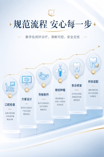 极简线性流程插画，六步扁平化医疗流程图标，从口腔检查、方案设计、导板制作、微创种植、愈合修复、终检适配，线条流畅，配色简约高级，序列感强，整体风格高端极简医疗风，浅白+哑光浅蓝+鎏金点缀，光影通透、质预览效果