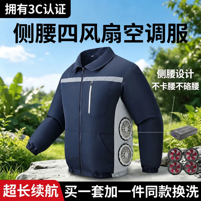 [主图-5] 超长续航促销款侧腰四风扇空调服，保持产品外观结构颜色和参考图完全一致，物理结构材质质感无偏差，精细化处理。
[氛围风格] 户外清新促销风，突出促销利益点
[画质] 商业摄影质感，光线柔和预览效果