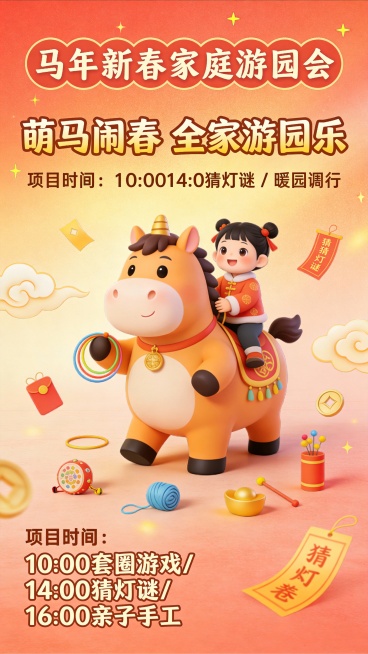 这张马年新春家庭游园会运营海报采用国潮卡通肌理 + 暖金渐变风格，是轻松欢快与家庭互动氛围的融合设计。
主体围绕家庭游园会核心展开：中心是带亲子装饰的卡通胖马（贴合马年生肖），身旁散落套圈、猜灯谜等游预览效果