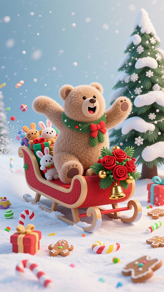 软3D风格的圣诞场景，拟人化小熊与萌宠共乘雪橇，环绕糖果与礼物，营造梦幻温馨的节日氛围。