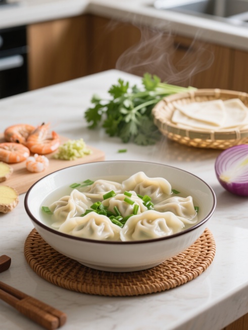 特写镜头下的一碗热气腾腾的馄饨，汤色清亮，漂浮着翠绿的葱花，馄饨皮薄馅足、形态饱满，盛放在带深色边缘的白色瓷碗中，碗下垫着圆形编织餐垫。背景场景变为温馨的厨房料理台，台面上摆放着散落的新鲜虾仁、切好的姜末、盛放馄饨皮的竹篾盘，旁边是一小捆翠绿的香菜和半颗切开的紫皮洋葱，整体采用柔和的自然光照明，色调温暖明快，营造出家常烹饪的鲜活氛围，食物质感细腻写实，细节清晰可见。预览效果
