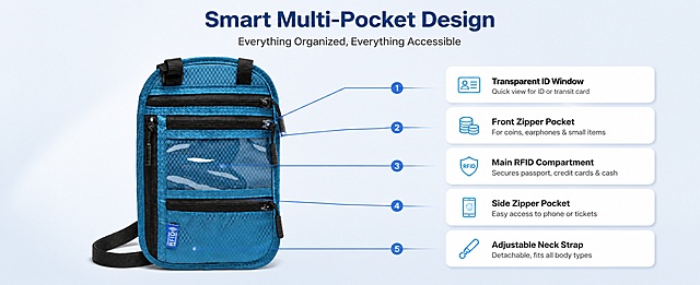 Amazon Premium A+ Web端结构收纳展示页，RFID颈挂钱包多口袋分层解析。本屏使用【图1】蓝色款作为产品主体，放大展示内部结构。[氛围/风格] 跨境极简高级A+风格，结构解析风，信息清晰。[元素布局] 产品正面全貌居中偏左，占比约45%；从产品各口袋位置引出标注线，指向右侧说明区域；背景为浅灰蓝渐变，搭配白色信息卡片；产品拉链、透明窗、RFID标签、肩带挂扣等结构与输入图完全一致。[光影质感] 均匀柔光，产品细节清晰，阴影柔和自然。[配色色系] 全局底色 #F0F4F8；主色蓝色产品；辅助色白色卡片、深灰文字、蓝色引线标注。[视角构图] 正面微俯视，产品为中心，引线式标注布局，阅读动线从产品 → 引线 → 对应说明。[文字版式] 顶部主标题「Smart Multi-Pocket Design」，副标题「Everything Organized, Everything Accessible」；产品引出5条标注线分别指向：①「Transparent ID Window」「Quick view for ID or transit card」；②「Front Zipper Pocket」「For coins, earphones & small items」；③「Main RFID Compartment」「Secures passport, credit cards & cash」；④「Side Zipper Pocket」「Easy access to phone or tickets」；⑤「Adjustable Neck Strap」「Detachable, fits all body types」；全部英文，无中文字符。[比例] 61:25 横版比例（高级A+ Web端）。[负向提示词] 产品变形，结构错误，中文文字，水印，价格，文字错乱，背景杂乱。