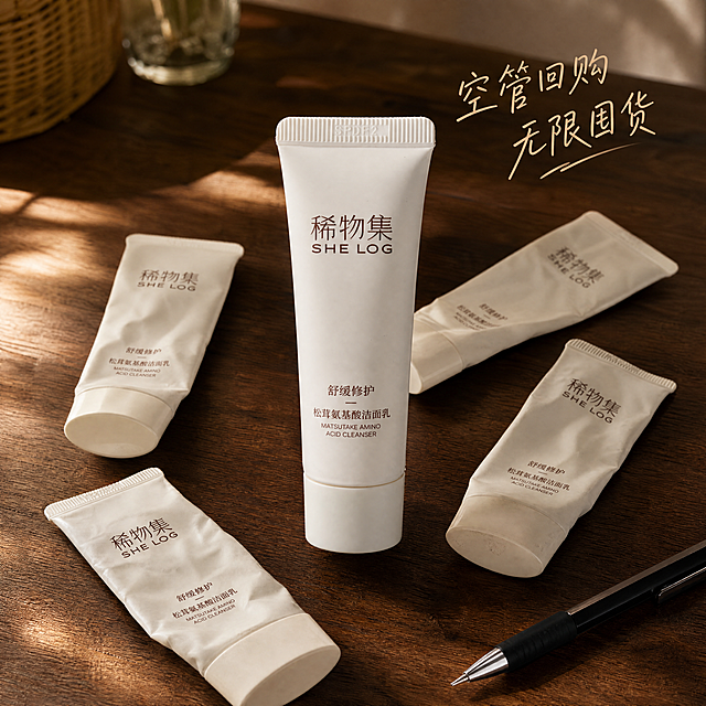 [主图] 回购囤货场景主图，暗示产品好用值得反复购买。
[氛围风格] 真实居家氛围感，阳光温暖生活化；
[画质] 写实生活摄影质感，光影自然真实，产品细节清晰，画面干净温馨。
[元素] 整洁的深木质桌面上，中心位置放置一支新开封饱满的稀物集松茸氨基酸洁面乳，周围散落摆放着三四支已经挤扁使用过的旧洁面软管，右下角放置一支普通黑色水笔做大小参照。保持新产品外观（物理结构、材质质感、颜色）与输入产品图绝对一致，旧产品仅形态挤扁，品牌和文字信息保持一致，杜绝任何变形和色差，精细化处理。商品主体（新产品）占比约50%；画面满屏无边框。
[光影] 阳光从左侧斜照进来，在桌面上形成自然柔和阴影，整体温暖真实，充满使用痕迹的生活化居家感。
[配色] 主色深木棕色，辅色奶白软管、黑色水笔，自然原木色调，温暖舒适。
[视角构图] 平视中心构图，浅景深突出新产品，旧产品自然散落增加故事感。
[文字版式] 右上角浅棕色手写字体写"空管回购 无限囤货"，自然不遮挡主体。
[比例分辨率] 1:1 比例，4k 分辨率；文字清晰锐利，画面超高清。
[负向提示词] 变形，水印，文字错乱，产品图模糊，背景杂乱