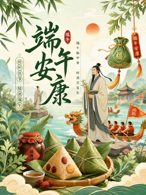 结合端午节历史人物屈原重新设计，保留原957×1278尺寸和国风风格，融入屈原相关文化元素，保持整体端午节喜庆祥和的商用设计氛围预览效果