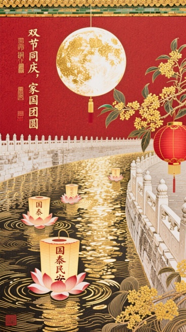 画面以故宫红墙为底，悬挂巨型烫金中秋圆月，下方是波光粼粼的金水河，河面上漂浮着载有“国泰民安”字样的荷花灯，角落点缀金黄桂花枝与红色灯笼，整体色调为宫墙红、鎏金、月白，文字用书法体书写“双节同庆，家国预览效果
