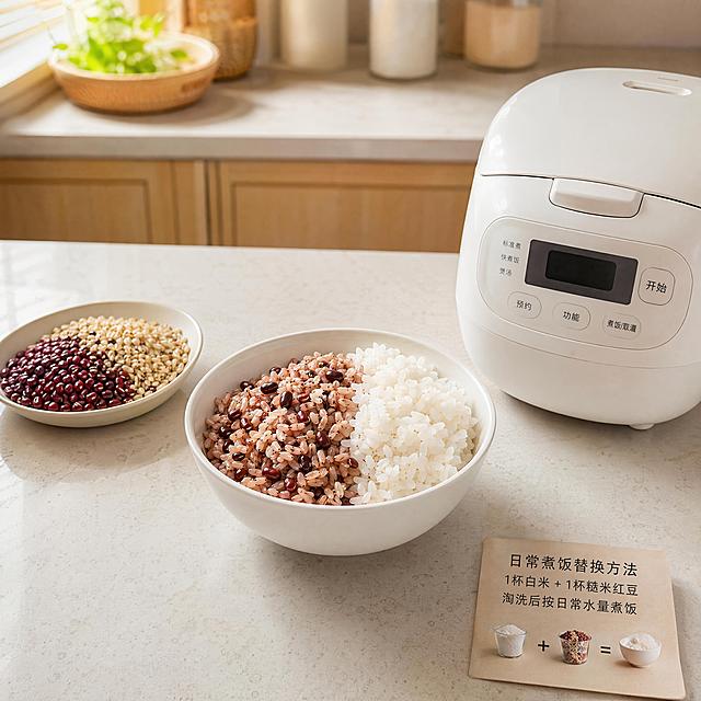 一碗煮好的杂粮饭（一半白米 + 一半糙米红豆），旁边放电饭煲、生杂粮原料，展示日常煮饭替换方法，普通人一看就会