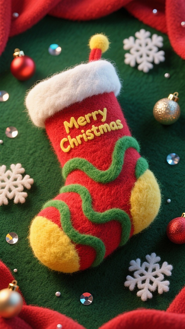 特写的精致圣诞袜（红+黄+袜身绿色波纹+“Merry Christmas”+顶部白色绒边）。周围环绕雪花装饰、装饰球、亮片。深绿色背景，边缘以红色布料环绕。俯视角构图。