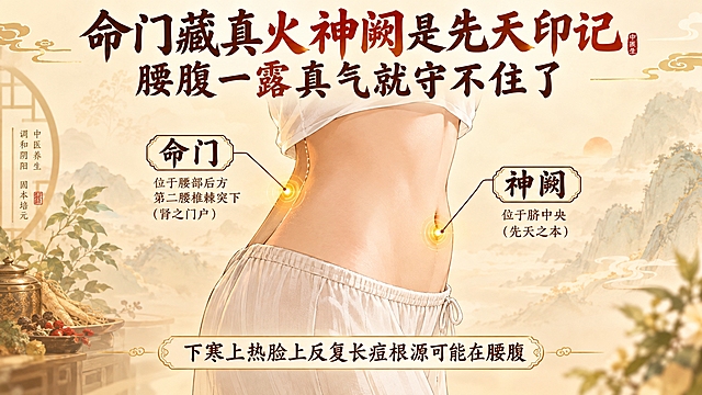 习惯二露腰露脐，人体腰部侧面线稿特写，清晰标注"命门"和"神阙"穴位位置，暖金色光点点缀穴位处，线条柔美，画面上方大字文字"命门藏真火神阙是先天印记腰腹一露真气就守不住了"，下方小字文字"下寒上热脸上反复长痘根源可能在腰腹"，暖调浅背景，中医养生插画风格，精致高级，16:9横版构图