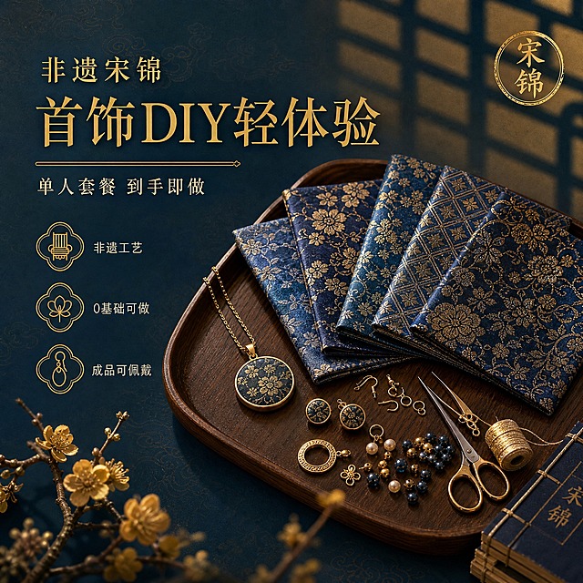 [主图1 无价格版] 非遗宋锦首饰DIY轻体验单人套餐 电商主图，黛青雅金国风高级感。

[画面主体] 画面中央偏右位置摆放一套宋锦首饰DIY材料包，主体占比约50%。材料包包含：5块展开的宋锦面料小样（全部调整为黛青蓝、石青、藏青等冷调蓝色系宋锦纹样，金线花纹细腻有光泽，深浅层次丰富）、半成品首饰配件（金色金属吊坠托、耳钩、串珠、丝线、金色小剪刀、镊子等手工工具）、1枚已完成的黛蓝色宋锦圆形吊坠项链（金色包边，金线花纹清晰）、一对宋锦耳钉（石青色底金色花纹）。材料包放置在深胡桃木色托盘上，托盘边缘有细腻木纹。

[构图版式] 左文右物场景型高级氛围感版式。左侧约40%区域留白放置主标题与卖点图标；右侧约60%为产品主体与场景。整体构图平衡，留白充足。

[场景元素] 背景为深黛青色渐变，从左上到右下由浅黛蓝过渡到深青蓝，隐约有极淡的暗金色云纹暗纹，低饱和度不抢主体。主体后方有柔焦虚化的中式窗棂投影，金色光线从右上方斜射而入，形成柔和的金色窗格阴影。托盘左侧点缀一小枝腊梅（暗金色花朵，深色枝干），右侧放一卷深蓝色线装书的书角，书脊有金色文字。前景有轻微的浅景深虚化。

[文案版式] 主标题位于左上区域，分两行排版，第一行「非遗宋锦」字号稍小作为前缀，烫金色；第二行「首饰DIY轻体验」字号最大为视觉核心，烫金色，字体选用雅致宋体风格。主标题下方有一条细细的金色横线装饰。横线下方是副文案「单人套餐 到手即做」，字号约为主标题的1/3，米白色。左下区域排列3个轻量线稿图标卖点，从上到下依次为：「非遗工艺」「0基础可做」「成品可佩戴」，每个图标配简短文字，图标为金色线条勾勒的中式梅花纹样风格，文字米白色。右上角有一个小型圆形印章样式标签，内写「宋锦」二字，烫金色印章风格。

[光影质感] 金色自然光从右上方45度斜射，主光柔和带金色调，辅光从左下方补光减少死黑。宋锦面料有细腻的金色织锦光泽反光，金属配件有柔和的金色高光，木质托盘有自然的木纹明暗。整体光影柔和高级，阴影边缘虚化，有温暖的金色手作工作室氛围。产品下方有自然的接触阴影，不悬浮。

[配色字体] 主色调：黛青蓝背景 + 烫金色标题 + 米白色正文 + 深木色托盘；宋锦面料本身的深浅蓝色+金色花纹作为画面色彩亮点。字体：主标题用雅致宋体，副文案和卖点用细黑体，字号层级分明。整体配色古典高级，有非遗文化质感。

[比例分辨率] 1:1正方形，2048×2048像素，2K分辨率，文字清晰锐利，产品细节清晰。

[负向提示词] 画面变形、文字错字糊字、水印、平台Logo、二维码、杂乱背景、人物面部、现代感过强的元素、塑料感、廉价感、过度饱和、主体模糊、悬浮无阴影、穿模、多余手指、畸形手部、红色系面料、暖米色背景。