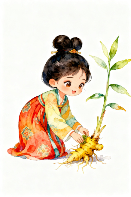 Q版卡通写实风格仕女图，身着襦裙，高发髻，裙子颜色艳丽，裙子图案清晰，人物表情生动俏皮妩媚，正在采黄精药材，完整显示黄精全部植株，水彩暖色系晕染，搭配纯白背景预览效果