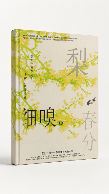 将图一的春分梨花海报设计作为封面，放到图二的白色硬壳笔记本封面上，保持设计完整美观，实物摄影质感预览效果