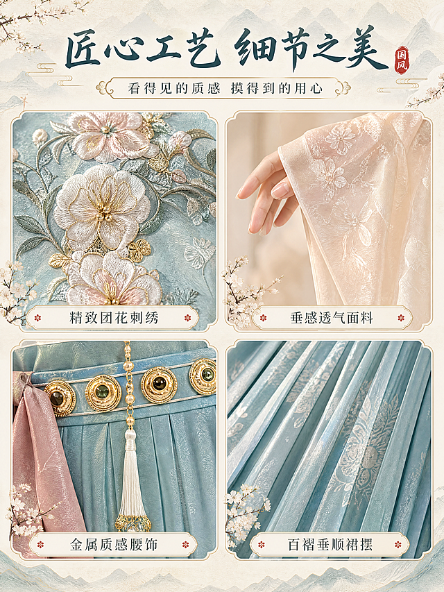 [商品] 使用【图1】原创国风汉服齐胸襦裙+大袖衫套装；商品处理：保留蓝绿色裙身团花刺绣、米杏色大袖衫暗纹、藕粉色飘带、金色腰饰五金的颜色与材质；增强刺绣立体肌理、面料织纹细节、金属光泽，不改变纹样与结构。
[画面] 目标：面料与工艺细节页，2×2宫格展示四大细节。构图：顶部标题区，下方四宫格分别展示：左上=裙身团花刺绣微距特写，右上=大袖衫面料垂坠手感（手轻触袖摆），左下=金色腰饰与流苏细节，右下=裙摆百褶肌理与光泽。背景统一浅米色宣纸底，每格配淡墨花枝小装饰。
[视觉] 套系策略：风格=东方雅致国风商业摄影，宋画意境清雅色调；标题字=国风书法宋体，笔画舒展带笔锋；正文字=纤细宋体，横细竖粗；主色=石青蓝+米杏白；背景延展=基于石青蓝做深浅晕染、山水云雾渐变、宣纸纹理质感；强调色=朱砂红，仅用于小印章、标签和装饰线条；标题色=深墨青；正文色=炭灰青；组件=如意云纹边框、花瓣形信息卡、金线引线、中式印章；光影=侧柔光突出面料纹理与刺绣立体感，微距清晰。
[文字] 顶部主标题「匠心工艺 细节之美」，副标题「看得见的质感 摸得到的用心」。四宫格每格下方对应短标签：「精致团花刺绣」「垂感透气面料」「金属质感腰饰」「百褶垂顺裙摆」。文字全部横排，字号适中手机端可读。
[规格] 图片比例3:4竖版，4K分辨率，避免变形、错字、文字过小、冷蓝灰背景、汉服颜色改变、纹样失真、模糊。