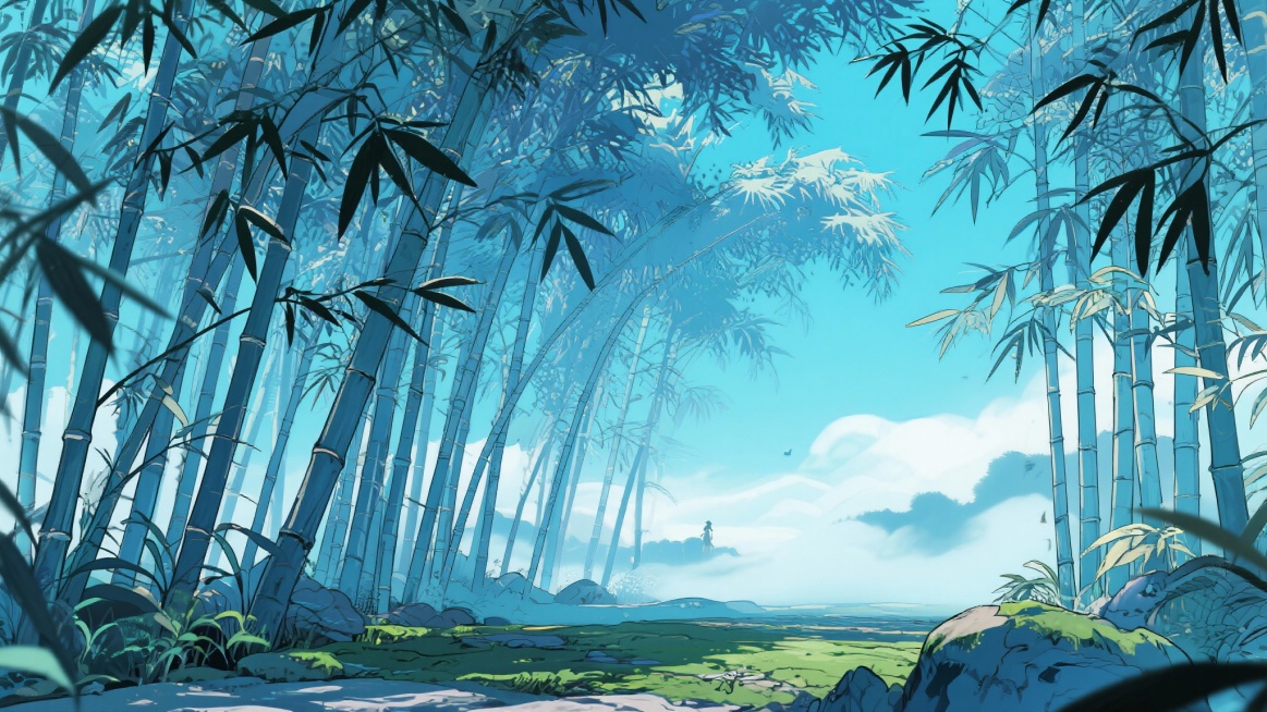 二次元古风，色调是图片中的，细节丰富，，竹林，浅蓝色为主，生成2张，不要人，4k，16:9预览效果