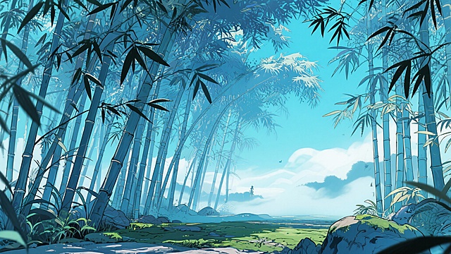 二次元古风，色调是图片中的，细节丰富，，竹林，浅蓝色为主，生成2张，不要人，4k，16:9
