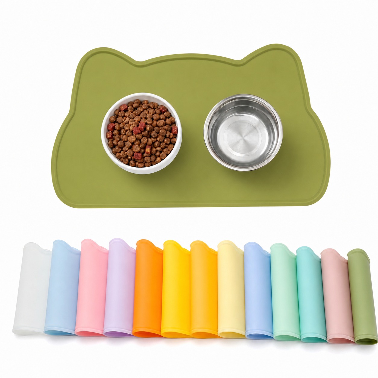 将图片上方的猫耳形状硅胶垫颜色精确修改为参考图中的深橄榄绿色（… - 图片创意预览