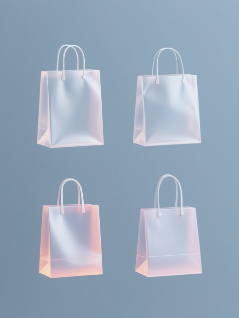 极简风格3D渲染的购物袋素材设计，整体造型简约现代，采用纯色背景，无任何文字、logo和水印。画面中四个不同设计的购物袋呈规整排布，每个购物袋均具有光滑的塑料质感，柔和的渐变光影效果，边缘清晰锐利，色彩搭配简洁明快，保持统一的现代简约设计语言。预览效果