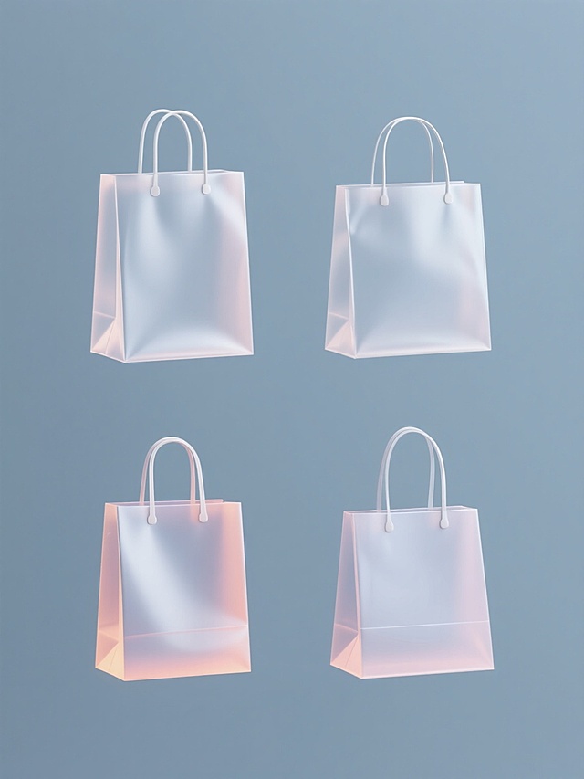 极简风格3D渲染的购物袋素材设计，整体造型简约现代，采用纯色背景，无任何文字、logo和水印。画面中四个不同设计的购物袋呈规整排布，每个购物袋均具有光滑的塑料质感，柔和的渐变光影效果，边缘清晰锐利，色彩搭配简洁明快，保持统一的现代简约设计语言。