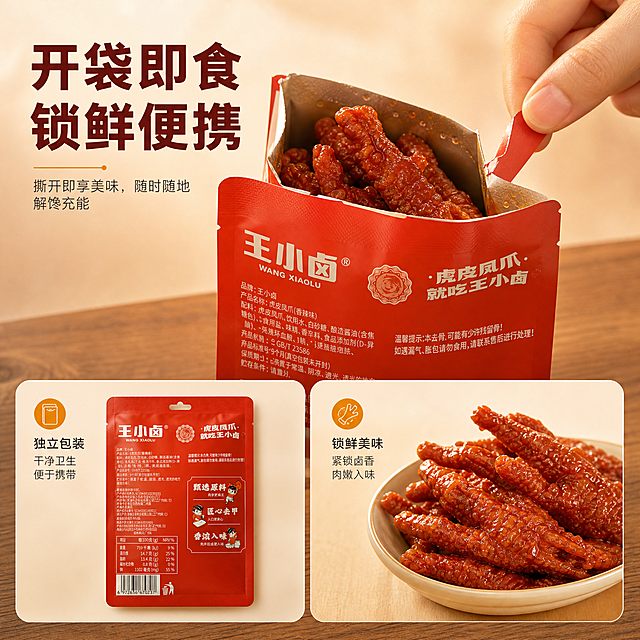 [主图-6] 王小卤 虎皮凤爪 即食卤味零食——包装开启与锁鲜便携。
[统一基调] 沿用本套统一视觉：暖调中式卤味美食商业摄影风格；背景主色为暖米白到浅珊瑚橙的柔和渐变，搭配暖棕木质台面；标题字色深红棕，辅助字色暖深灰，强调色金橙；主标题统一使用粗黑无衬线字体，说明文字统一使用细黑体，同属无衬线不混用，辅助文字字号小于主标题一半以上；组件统一使用细线引线标签、圆角浅色小卡片与金橙圆点图标，不使用厚重色块底板、大面积通栏与边框。
[画面] 采用上下结构：上半部分为一只手捏住包装袋顶部撕口自然撕开，袋口张开露出内部虎皮凤爪实物，虎皮起皱、色泽红亮、挂有卤汁，只出现手部局部且手指结构正常；下半部分从左到右并列两张圆角小卡片，左卡为包装袋完整平放状态，右卡为凤爪取出后置于浅碟的状态；主体合计占画幅约 70%；包装袋外观、结构、配色与文字排版与输入图完全一致，不重绘不改变设计；背景为暖棕木台与浅暖色渐变。
[光影质感] 暖阳侧光，包装袋有真实纸张或复合膜反光与自然投影，袋口开合有清晰遮挡关系与受力方向，食物呈湿润高光，不悬浮、边缘不硬切、无白底残留。
[配色] 沿用暖米白到浅珊瑚橙背景与暖棕木台，整体暖调统一。
[文字版式] 左上安全区横排主标题“开袋即食 锁鲜便携”，深红棕粗黑无衬线；下方副标与两张小卡片标注文字统一细黑体暖深灰，字号小于主标题一半以上，卡片内文字完整不拉伸。
[输出要求] 1:1 正方形构图，文案清晰无错字，产品清晰真实；负向：产品变形、包装文字错字、画面模糊、构图杂乱、多余手指、畸形手、水印、二维码、手机号、平台Logo、绝对化用语。